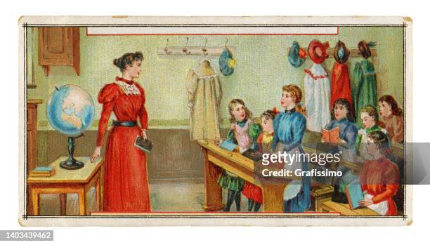 woman teacher teaching girls class art nouveau illustration 1899 - archival classroom stock illustrations