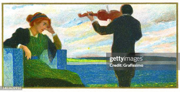 violinist playing violin to young woman art nouveau illustration 1899 - 20th century history stock illustrations