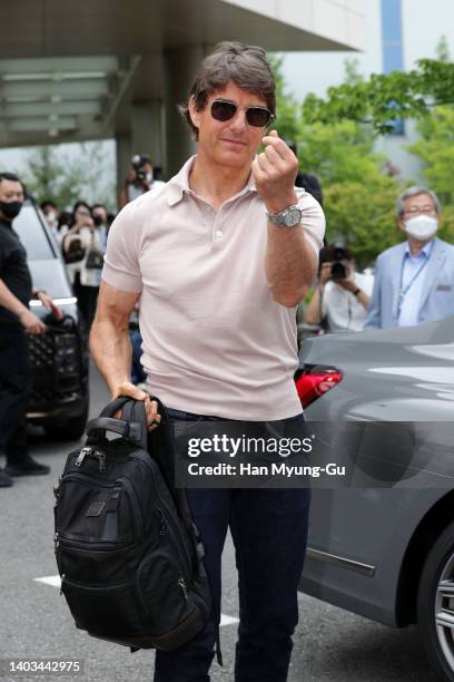 Actor Tom Cruise waves to his fans upon his arrival at Gimpo International Airport on June 17, 2022 in Seoul, South Korea. Tom Cruise is visiting...