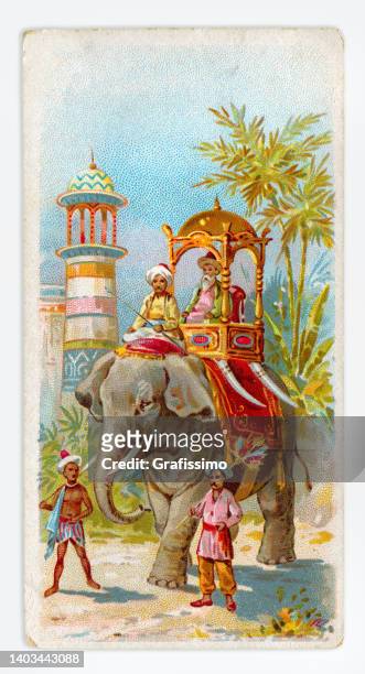 stockillustraties, clipart, cartoons en iconen met maharaja on elephant in india art nouveau illustration 1899 - maharadja