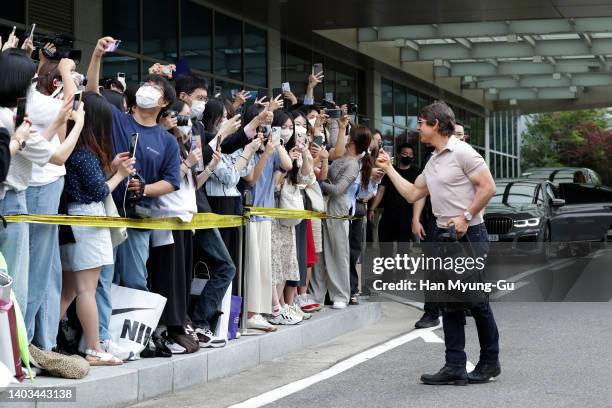 Actor Tom Cruise waves to his fans upon his arrival at Gimpo International Airport on June 17, 2022 in Seoul, South Korea. Tom Cruise is visiting...