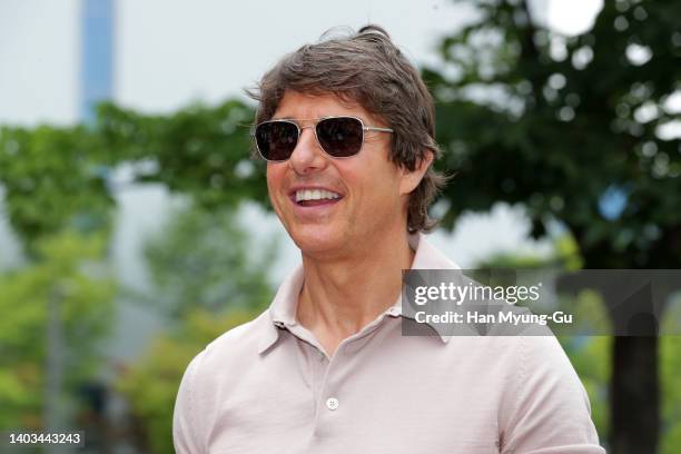 Actor Tom Cruise waves to his fans upon his arrival at Gimpo International Airport on June 17, 2022 in Seoul, South Korea. Tom Cruise is visiting...