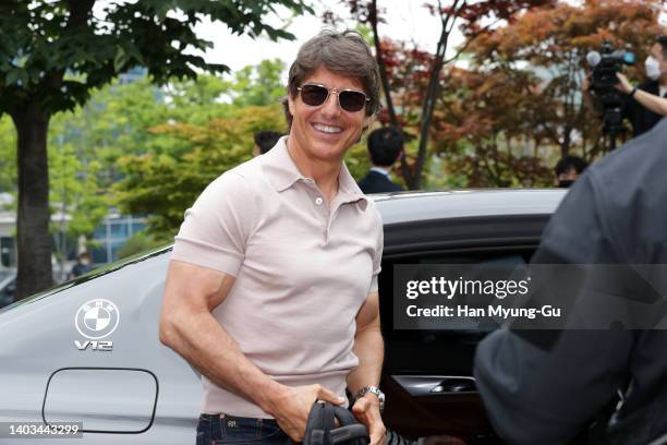 Actor Tom Cruise waves to his fans upon his arrival at Gimpo International Airport on June 17, 2022 in Seoul, South Korea. Tom Cruise is visiting...