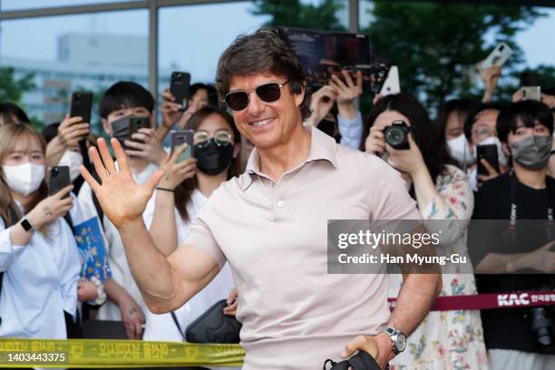 Actor Tom Cruise waves to his fans upon his arrival at Gimpo International Airport on June 17, 2022 in Seoul, South Korea. Tom Cruise is visiting...