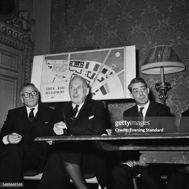 British actor Sir Laurence Olivier , British businessman Oliver Lyttelton, 1st Viscount Chandos , and British architect Denys Lasdun attend a press...