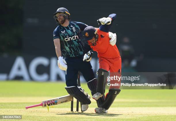 Dawid Malan of England collides with Scott Edwards of Netherlands after a run during the first One Day International between Netherlands and England...