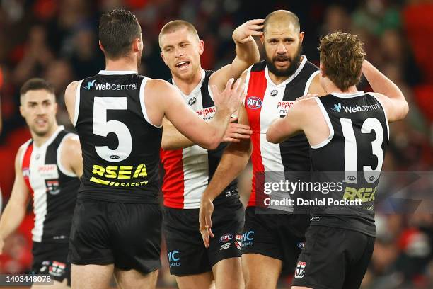 Paddy Ryder of the Saints celebrates kicking a goal during the round 14 AFL match between the St Kilda Saints and the Essendon Bombers at Marvel...