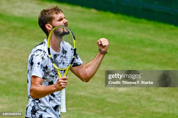 Oscar Otte of Germany celebrates winning the second set in his match against Karen Khachanov of Russia during day seven of the 29th Terra Wortmann...