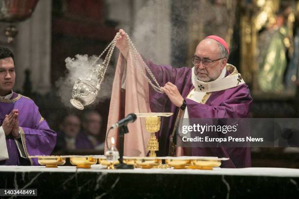 The Archbishop of Oviedo, Jesus Sanz Montes, during the funeral Mass for Archbishop Emeritus Gabino Diaz Merchan, in the Cathedral of Oviedo, on 17...