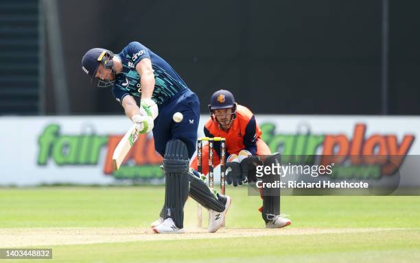 Jos Buttler of England hits a six during the 1st One Day International between Netherlands and England at VRA Cricket Ground on June 17, 2022 in...