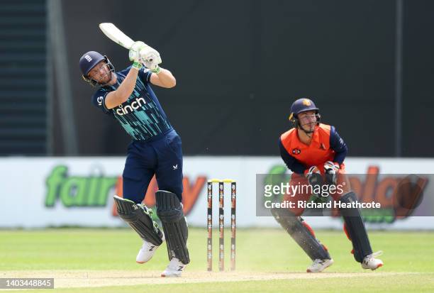 Jos Buttler of England hits a six during the 1st One Day International between Netherlands and England at VRA Cricket Ground on June 17, 2022 in...
