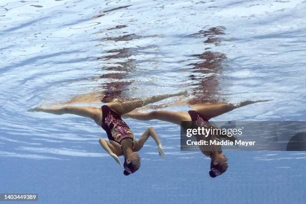 Linda Farkas and Boglarka Gacs of Team Hungary compete in the Artistic Swimming Women's Duet Technical Preliminaries on day one of the Budapest 2022...