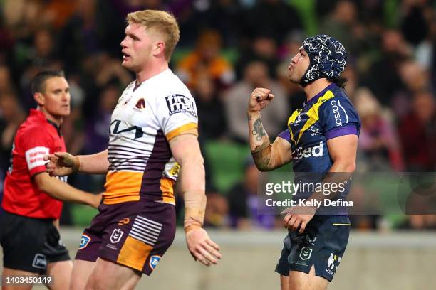 Jahrome Hughes of the Storm celebrates scoring a try during the round 15 NRL match between the Melbourne Storm and the Brisbane Broncos at AAMI Park,...