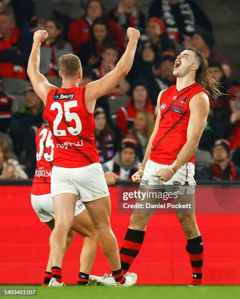 Sam Draper of the Bombers celebrates kicking a goal during the round 14 AFL match between the St Kilda Saints and the Essendon Bombers at Marvel...