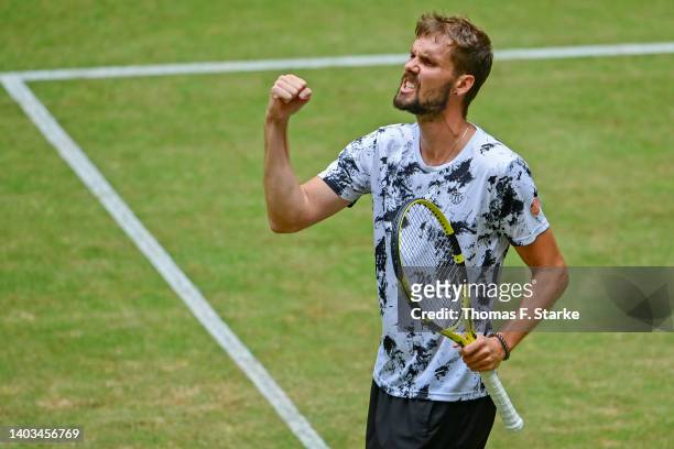 Oscar Otte of Germany celebrates winning his match against Karen Khachanov of Russia during day seven of the 29th Terra Wortmann Open at OWL-Arena on...