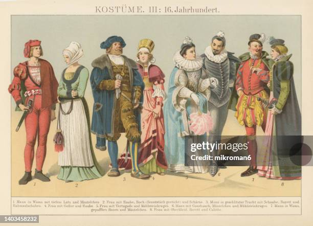 old chromolithograph illustration of 16th century costumes - hood clothing stock pictures, royalty-free photos & images