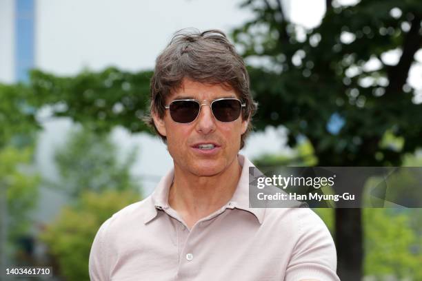 Actor Tom Cruise waves to his fans upon his arrival at Gimpo International Airport on June 17, 2022 in Seoul, South Korea. Tom Cruise is visiting...