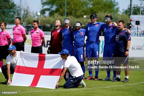 Dylan Malpas, Owen Bainbridge, Roy Turnham, Dan English and Brandon Coleman of England stand for the national anthem prior to the 2022 IBSA Blind...