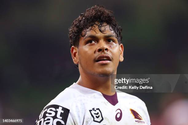 Selwyn Cobbo of the Broncos looks on during the round 15 NRL match between the Melbourne Storm and the Brisbane Broncos at AAMI Park, on June 17 in...