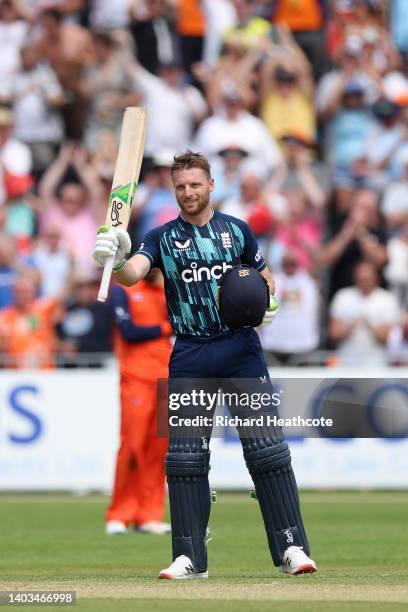 Jos Buttler of England reaches his century during the 1st One Day International between Netherlands and England at VRA Cricket Ground on June 17,...