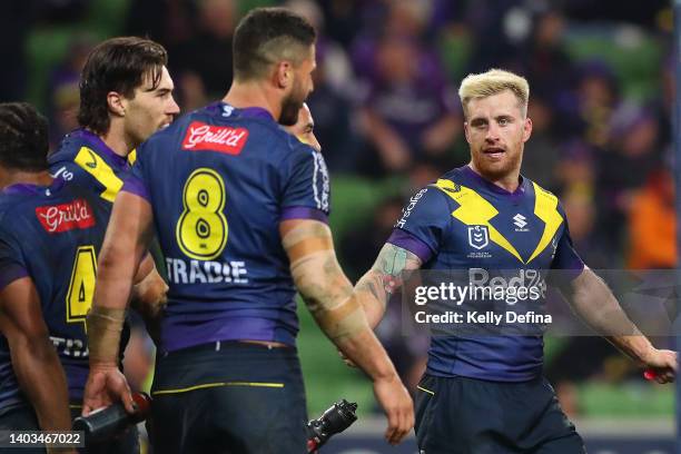 Cameron Munster of the Storm reacts during the round 15 NRL match between the Melbourne Storm and the Brisbane Broncos at AAMI Park, on June 17 in...