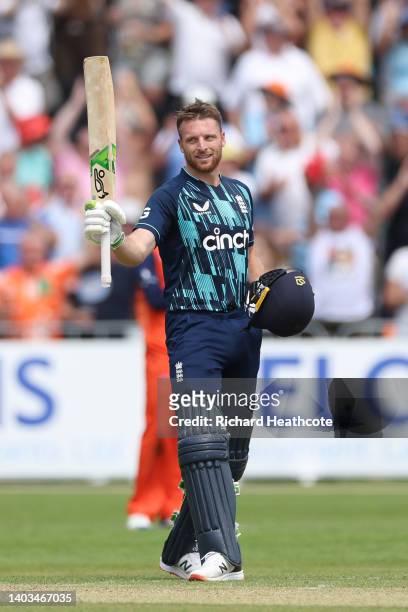 Jos Buttler of England reaches his century during the 1st One Day International between Netherlands and England at VRA Cricket Ground on June 17,...