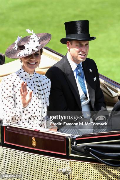 Catherine, Duchess of Cambridge and Prince William, Duke of Cambridge ride in a carriage during the Royal Procession at Royal Ascot 2022 at Ascot...