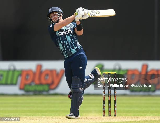 Liam Livingstone of England hits out during the first One Day International between Netherlands and England at VRA Cricket Ground on June 17, 2022 in...