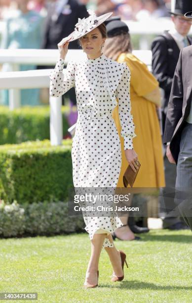 Catherine, Duchess of Cambridge smiles as she arrives into the parade ring during Royal Ascot 2022 at Ascot Racecourse on June 17, 2022 in Ascot,...