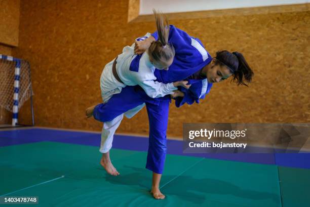 martial arts fighters training in the gym - judo stockfoto's en -beelden