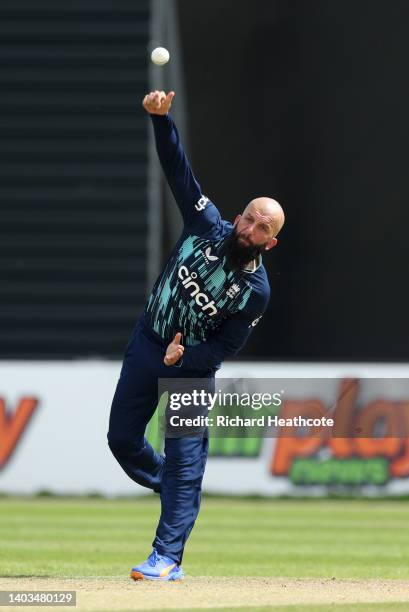 Moeen Ali of England bowls during the 1st One Day International between Netherlands and England at VRA Cricket Ground on June 17, 2022 in Amstelveen,...