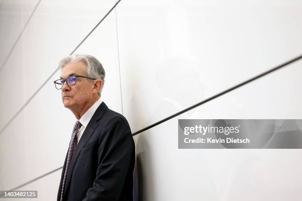 Federal Reserve Chairman Jerome Powell waits to deliver remarks at the Conference on the International Roles of the U.S. Dollar, on June 17, 2022 in...