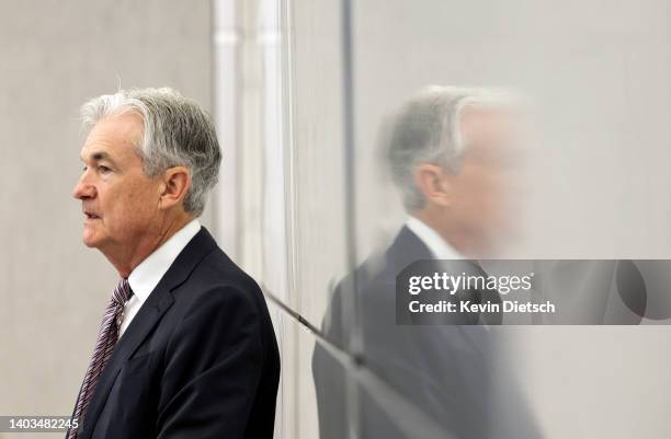 Federal Reserve Chairman Jerome Powell waits to deliver remarks at the Conference on the International Roles of the U.S. Dollar, on June 17, 2022 in...