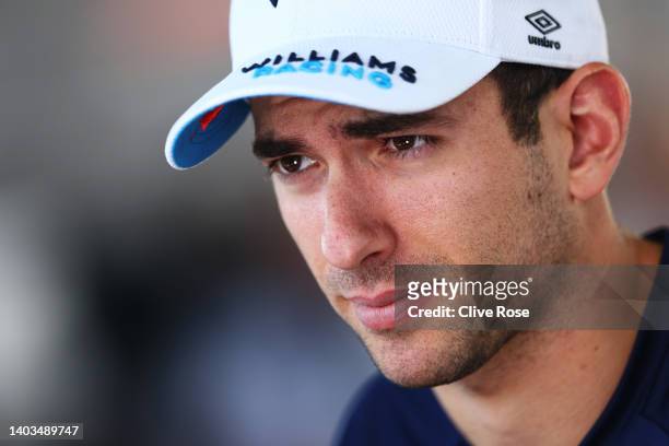 Nicholas Latifi of Canada and Williams talks to the media in the Paddock prior to practice ahead of the F1 Grand Prix of Canada at Circuit Gilles...