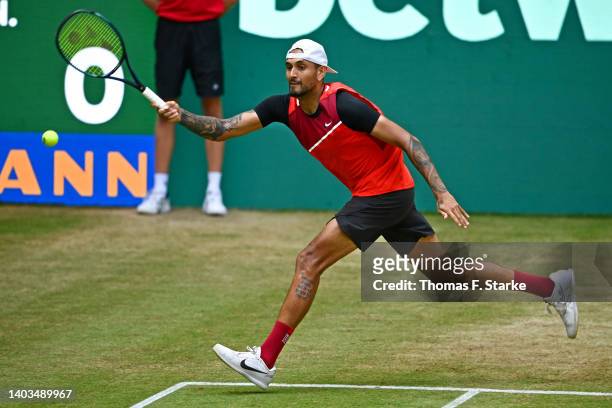 Nick Kyrgios of Australia plays a forehand in his match against Pablo Carreno Busta of Spain during day seven of the 29th Terra Wortmann Open at...
