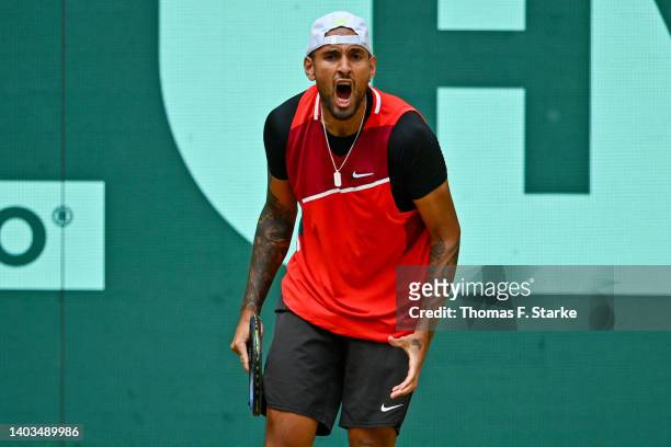 Nick Kyrgios of Australia celebrates in his match against Pablo Carreno Busta of Spain during day seven of the 29th Terra Wortmann Open at OWL-Arena...