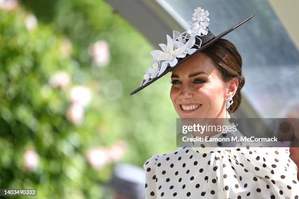 Catherine, Duchess of Cambridge smiles during a presentation at Royal Ascot 2022 at Ascot Racecourse on June 17, 2022 in Ascot, England.