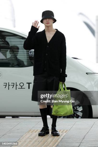 Jaehyun of boy band NCT 127 is seen on departure at Incheon International Airport on June 17, 2022 in Incheon, South Korea.