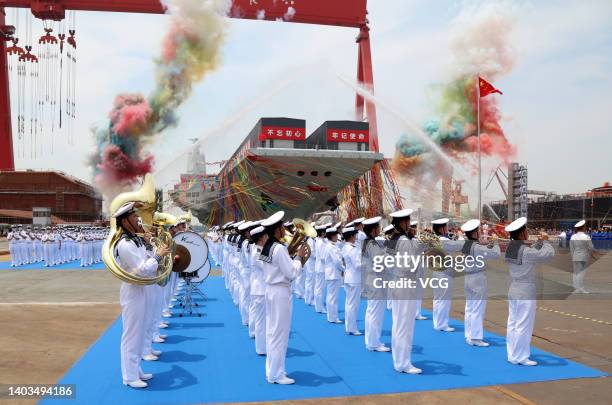 General view of the launching ceremony of China's third aircraft carrier, the Fujian, named after Fujian Province, at Jiangnan Shipyard, a subsidiary...