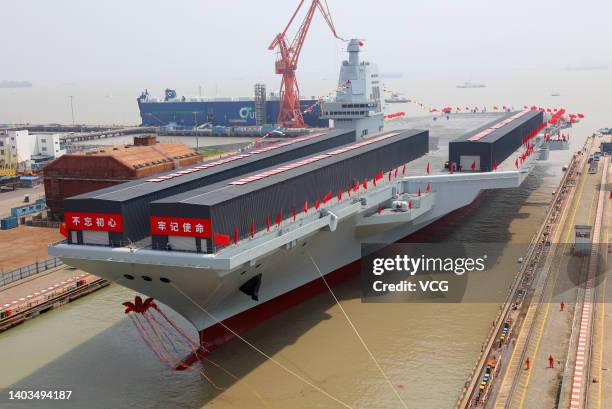 General view of the launching ceremony of China's third aircraft carrier, the Fujian, named after Fujian Province, at Jiangnan Shipyard, a subsidiary...