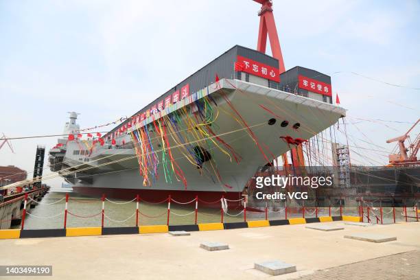 General view of the launching ceremony of China's third aircraft carrier, the Fujian, named after Fujian Province, at Jiangnan Shipyard, a subsidiary...