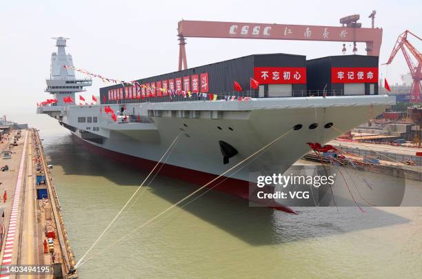 General view of the launching ceremony of China's third aircraft carrier, the Fujian, named after Fujian Province, at Jiangnan Shipyard, a subsidiary...