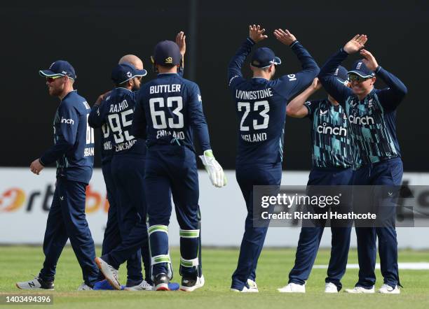 Jason Roy of England celebrates catching out Logan van Beek off the bowling of Moeen Ali during the 1st One Day International between Netherlands and...