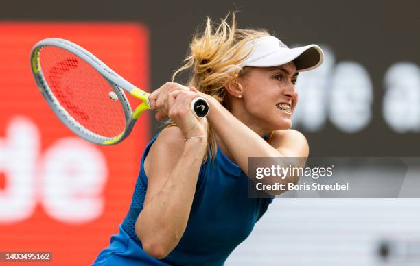 Aliaksandra Sasnovich of Belarus in action during the quarter final match between Ons Jabeur of Tunisia and Aliaksandra Sasnovich of Belarus on day...