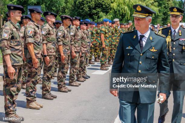 King Philippe of Belgium visits troops from France and Belgium during a visit to a detachment of military at the Black Sea on June 17, 2022 in...