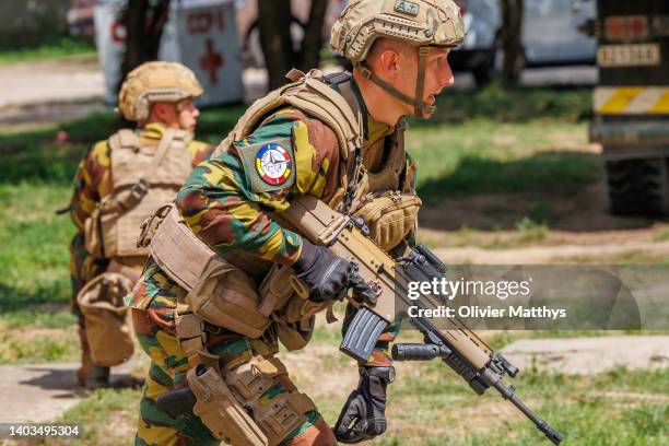 Troops from Belgium perform during a military readiness exercise at the Black Sea on June 17, 2022 in Constanta, Romania. Together with soldiers from...