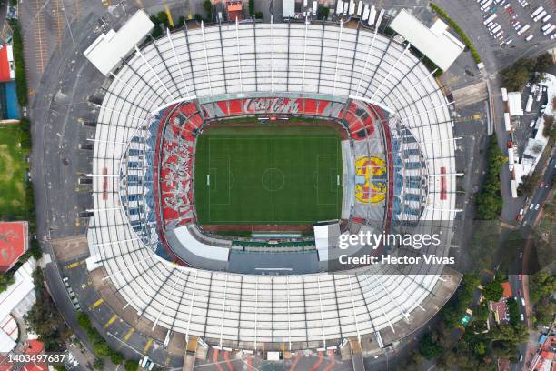 Aerial view of Azteca Stadium on June 17, 2022 in Mexico City, Mexico. Mexico will host the 2026 FIFA World Cup sharing the organization with Canada...