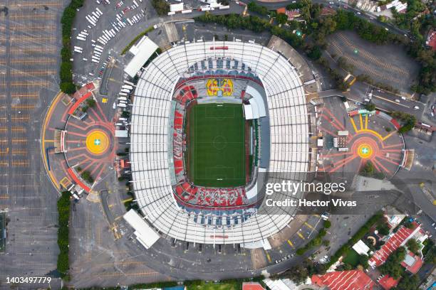 Aerial view of Azteca Stadium on June 17, 2022 in Mexico City, Mexico. Mexico will host the 2026 FIFA World Cup sharing the organization with Canada...