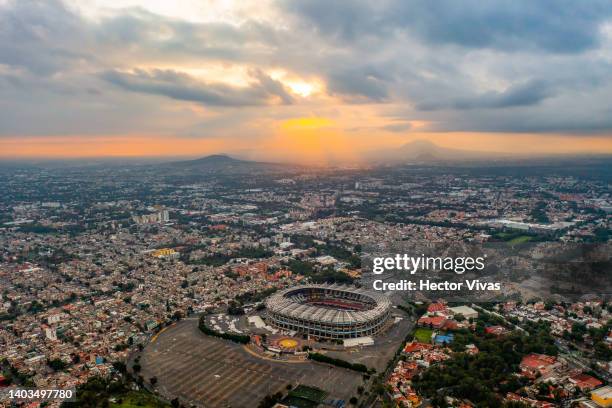 Aerial view of Azteca Stadium on June 17, 2022 in Mexico City, Mexico. Mexico will host the 2026 FIFA World Cup sharing the organization with Canada...