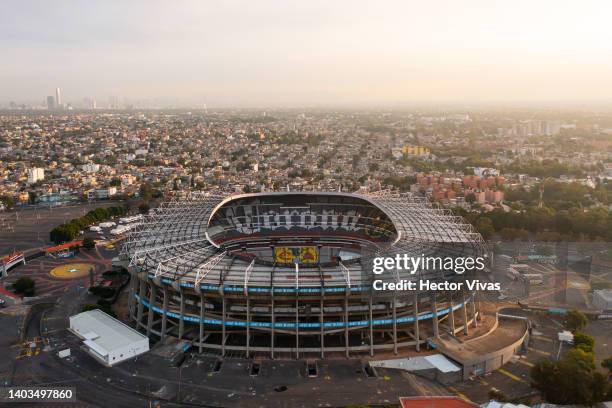 Aerial view of Azteca Stadium on June 17, 2022 in Mexico City, Mexico. Mexico will host the 2026 FIFA World Cup sharing the organization with Canada...